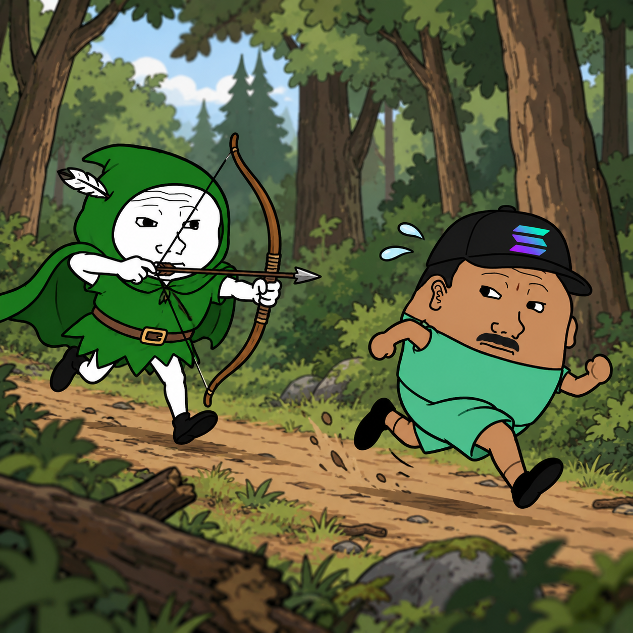 Hoodoooor chasing a runner through the forest with a bow